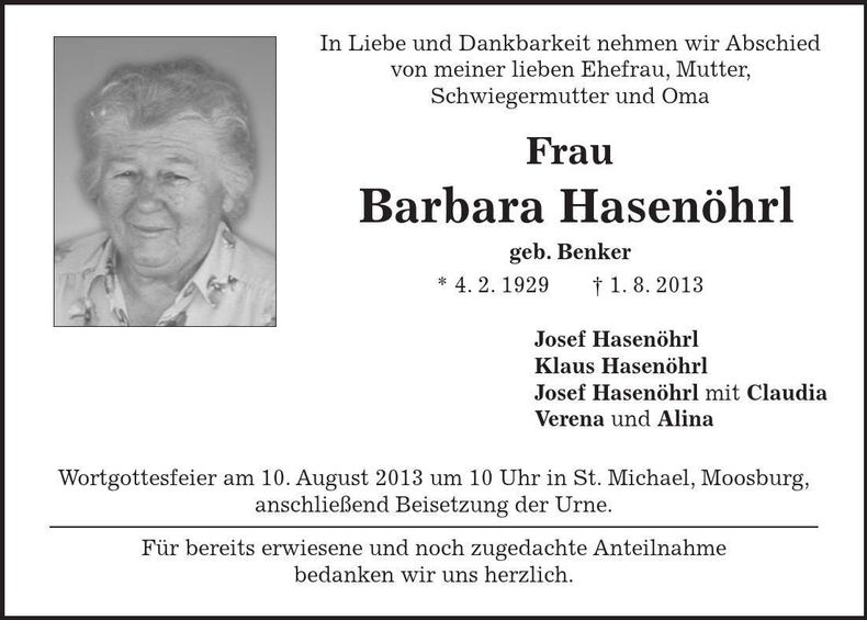 Traueranzeige Barbara Hasenöhrl