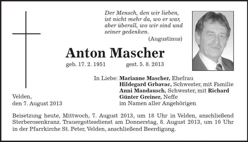 Traueranzeige Anton Mascher
