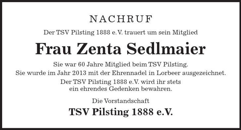 Traueranzeige Zenta Sedlmaier