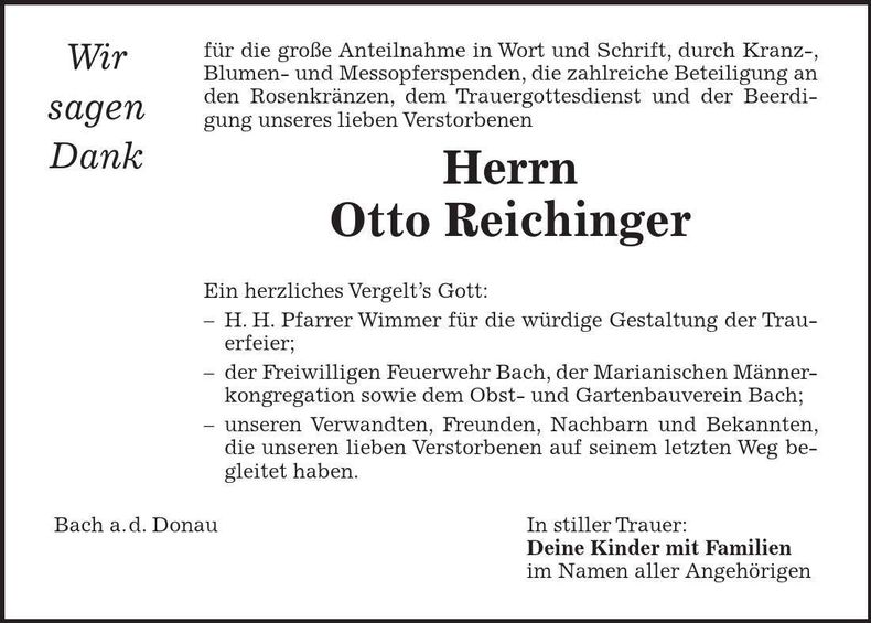 Traueranzeige Otto Reichinger