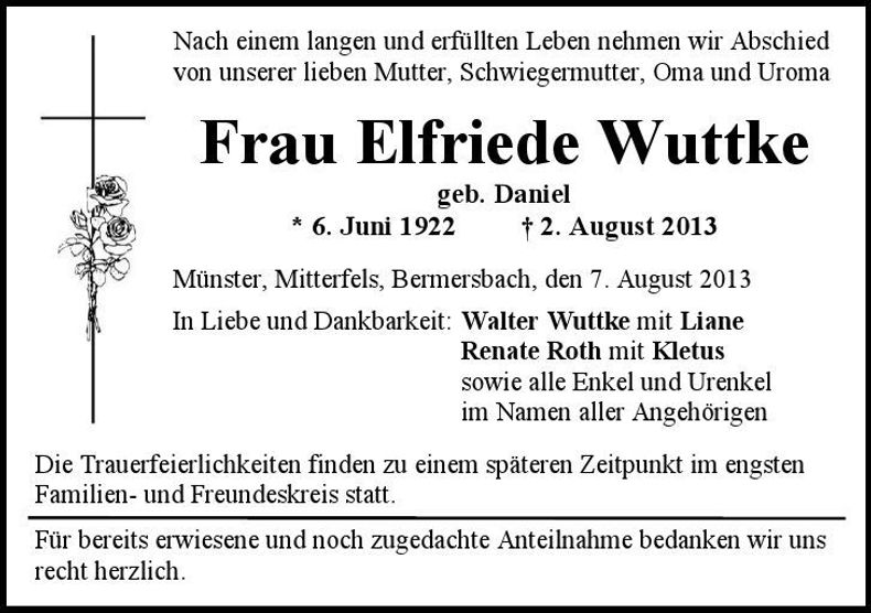 Traueranzeige Elfriede Wuttke