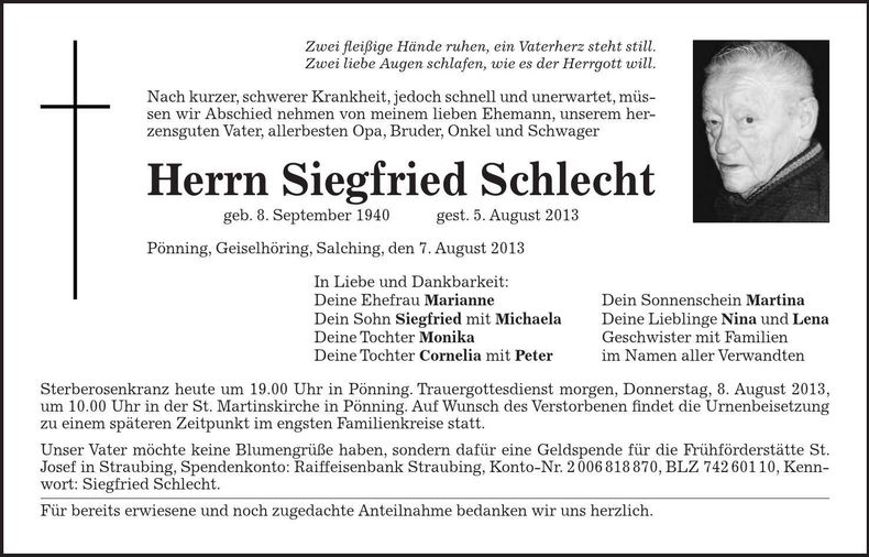 Traueranzeige Siegfried Schlecht