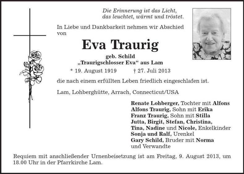 Traueranzeige Eva Traurig