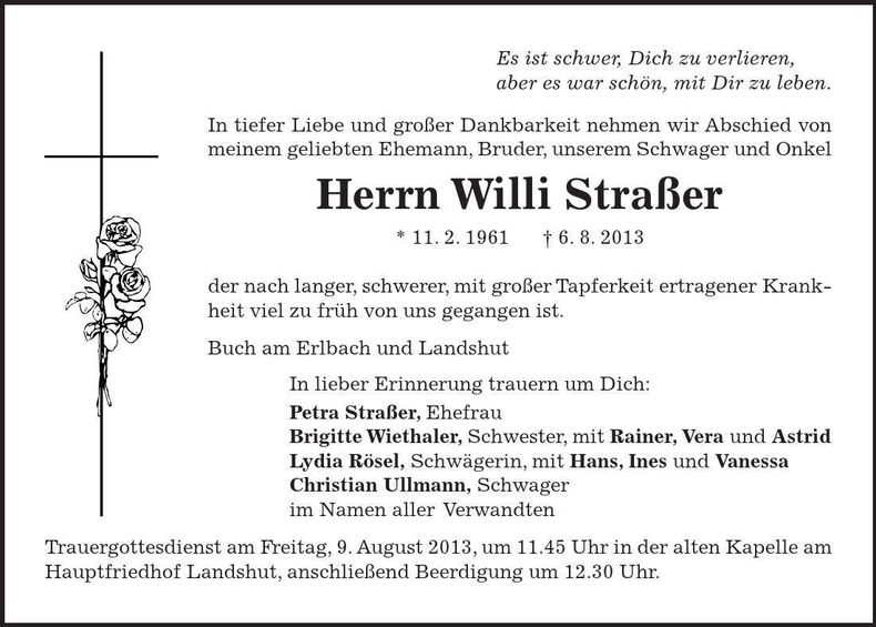 Traueranzeige Willi Straßer