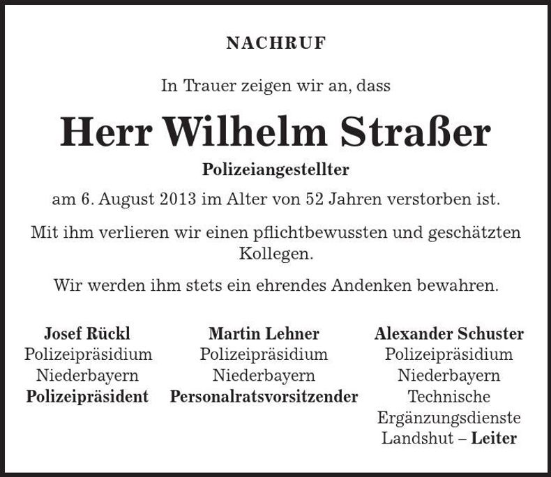 Traueranzeige Wilhelm Straßer
