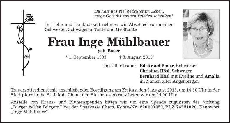 Traueranzeige Inge Mühlbauer