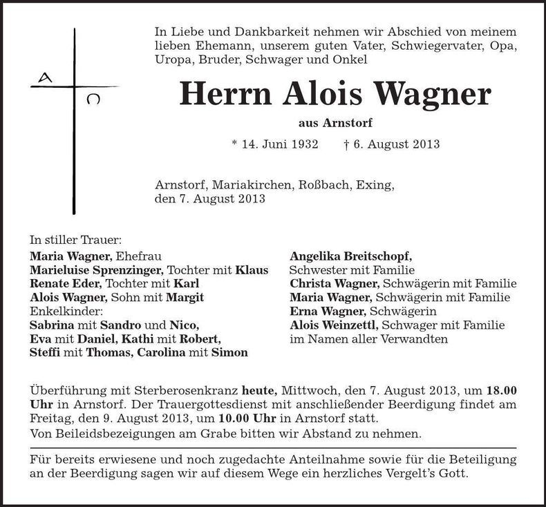 Traueranzeige Alois Wagner