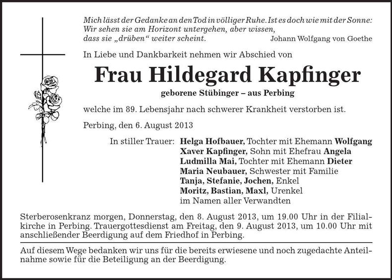 Traueranzeige Hildegard Kapfinger