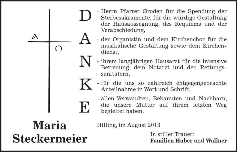 Traueranzeige Maria Steckermeier