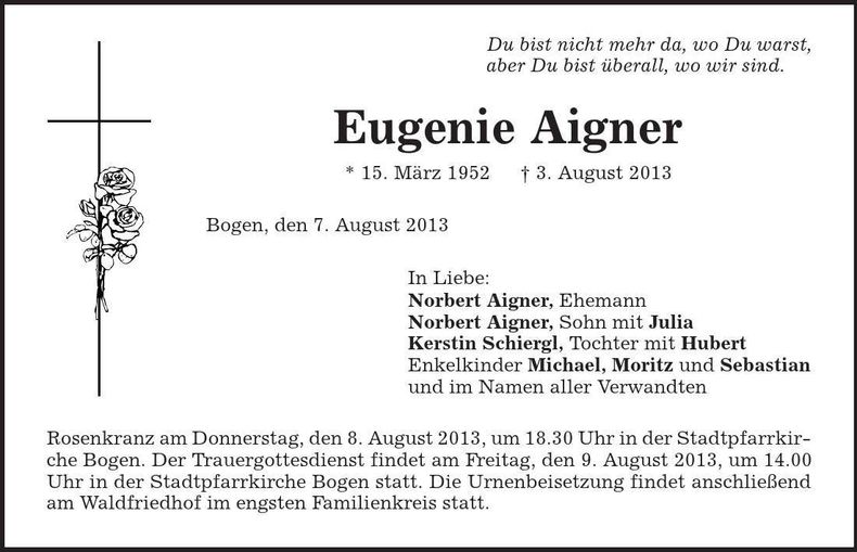 Traueranzeige Eugenie Aigner