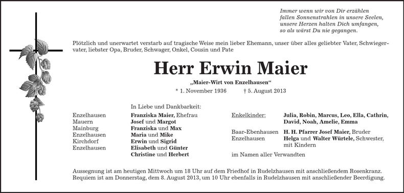 Traueranzeige Erwin Maier