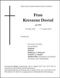 Traueranzeige Kreszenz Dostal