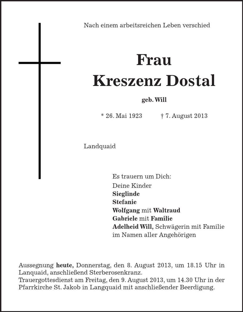 Traueranzeige Kreszenz Dostal