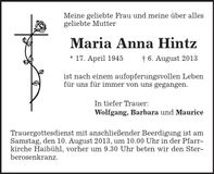 Traueranzeige Maria Anna Hintz