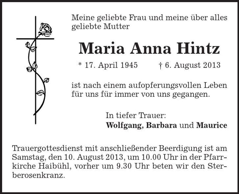 Traueranzeige Maria Anna Hintz