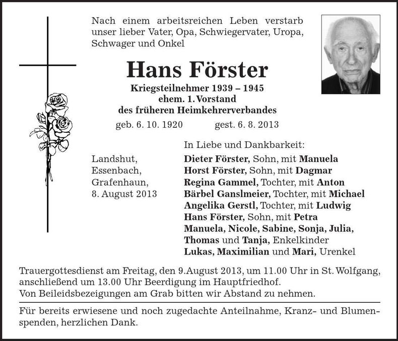 Traueranzeige Hans Förster