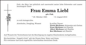 Traueranzeige Emma Liebl