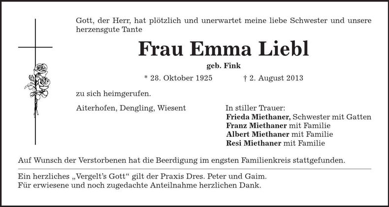Traueranzeige Emma Liebl