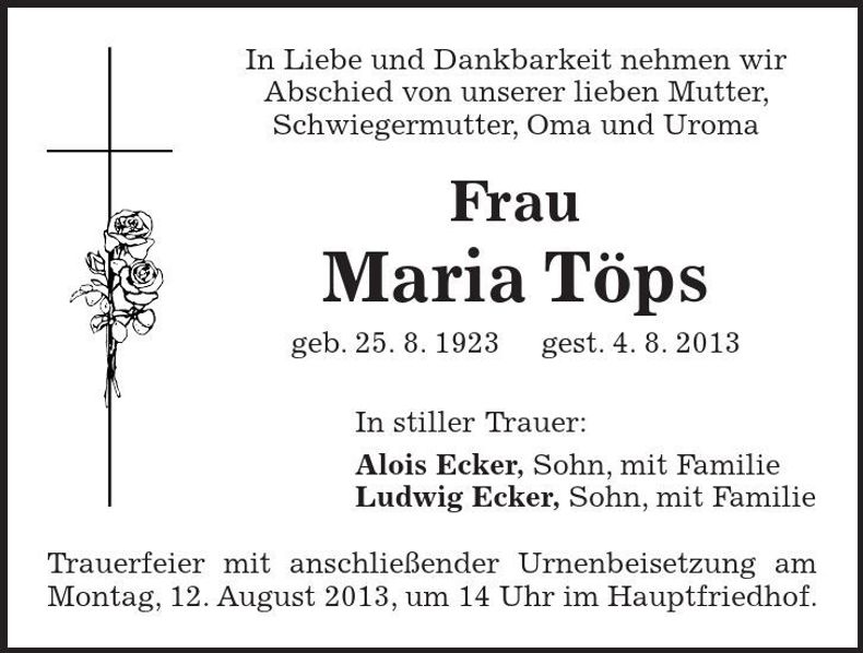Traueranzeige Maria Töps