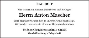 Traueranzeige Anton Mascher