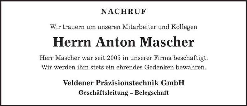 Traueranzeige Anton Mascher