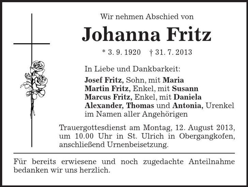 Traueranzeige Johanna Fritz