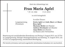 Traueranzeige Maria Apfel