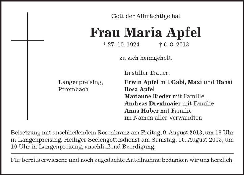 Traueranzeige Maria Apfel