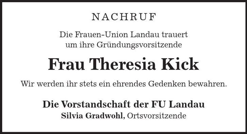 Traueranzeige Theresia Kick