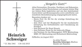 Traueranzeige Heinrich Schweiger