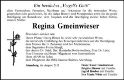 Traueranzeige Regina Gmeinwieser