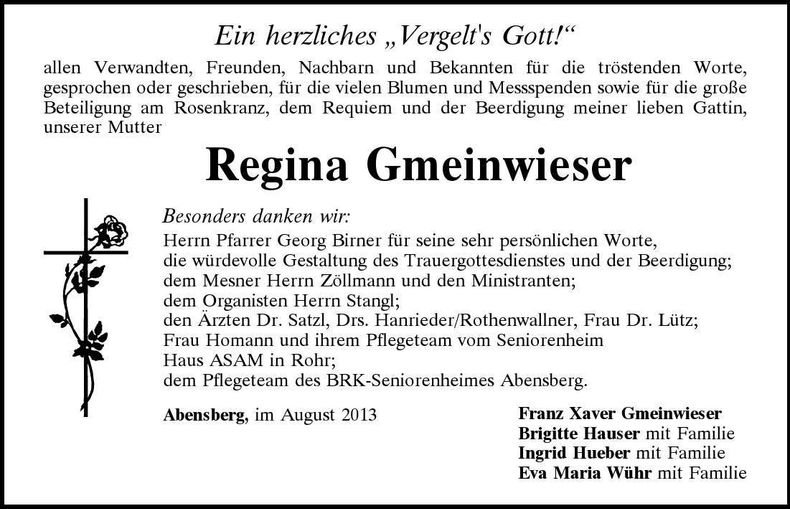 Traueranzeige Regina Gmeinwieser