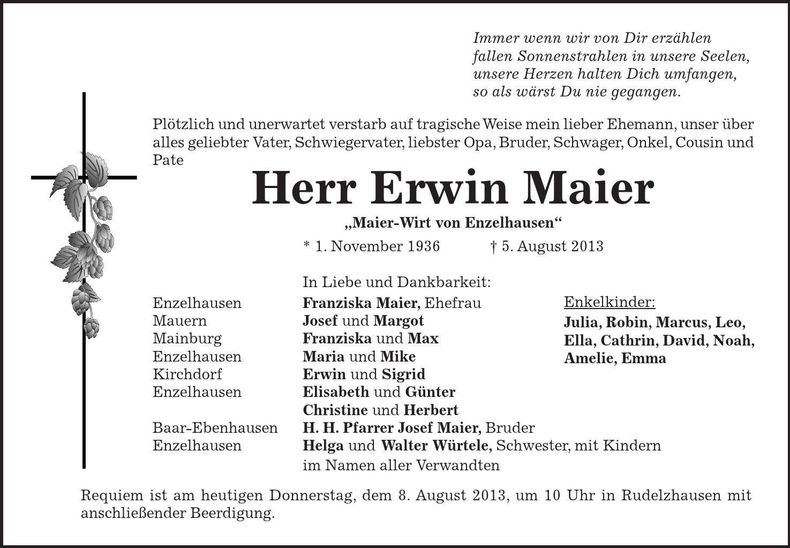 Traueranzeige Erwin Maier
