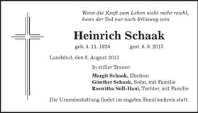 Traueranzeige Heinrich Schaak