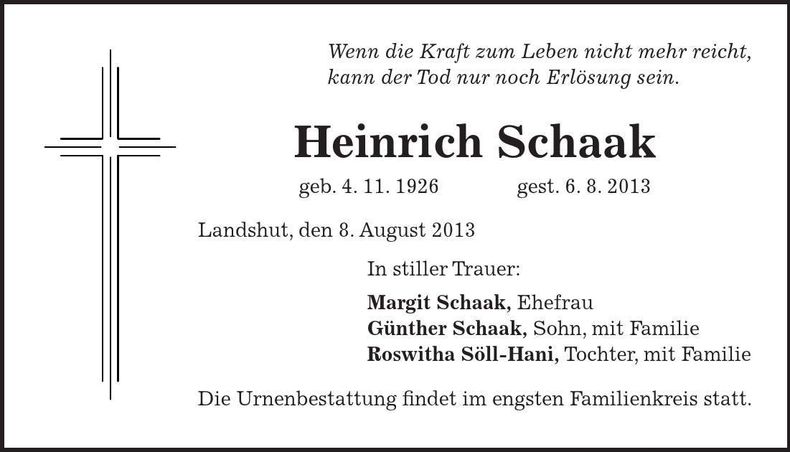 Traueranzeige Heinrich Schaak