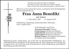 Traueranzeige Anna Benedikt