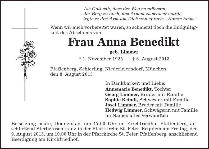 Traueranzeige Anna Benedikt
