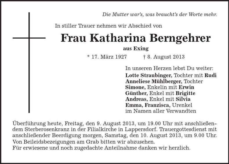 Traueranzeige Katharina Berngehrer