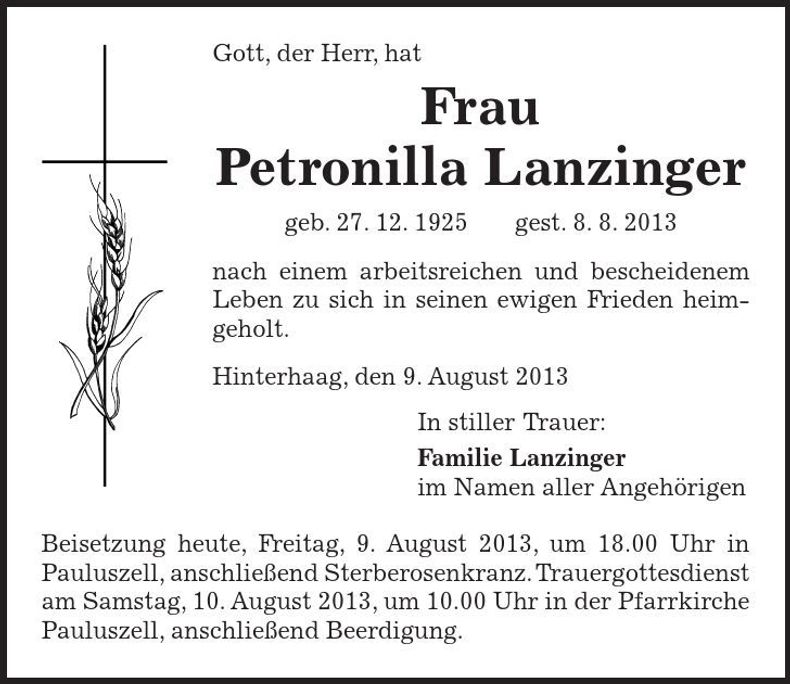 Traueranzeige Petronilla Lanzinger