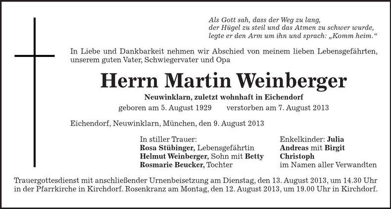 Traueranzeige Martin Weinberger