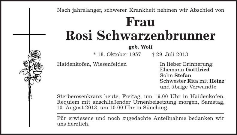 Traueranzeige Rosi Schwarzenbrunner