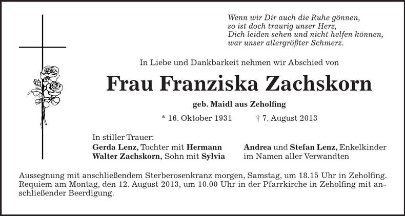 Traueranzeige Franziska Zachskorn