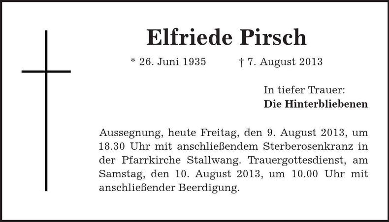 Traueranzeige Elfriede Pirsch