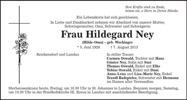 Traueranzeige Hildegard Ney