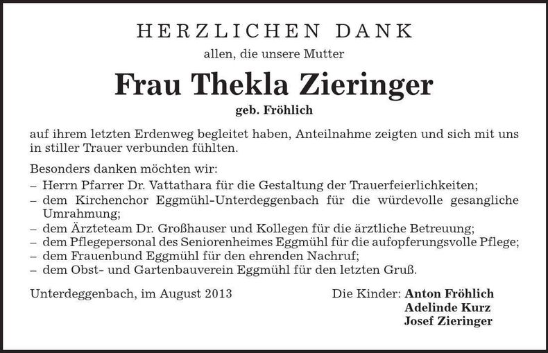 Traueranzeige Thekla Zieringer