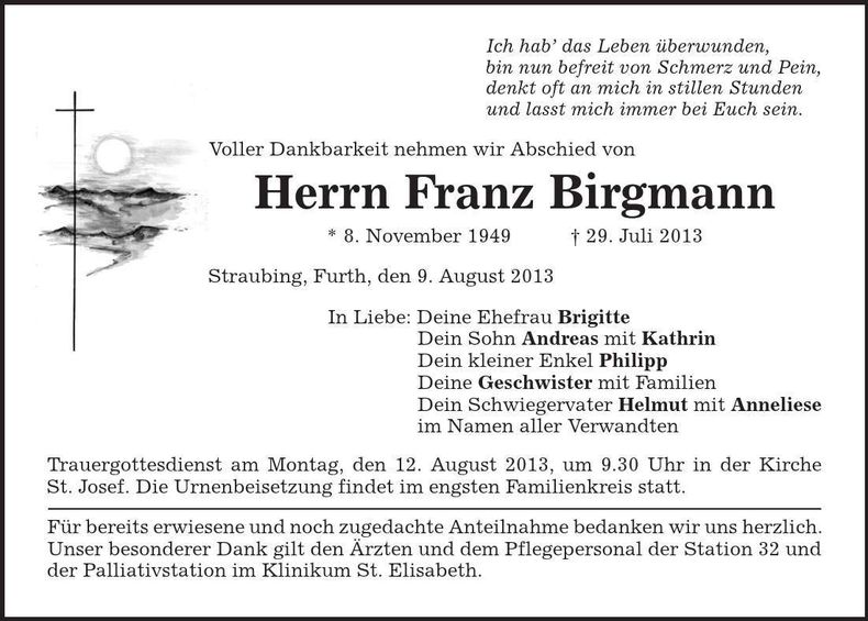 Traueranzeige Franz Birgmann