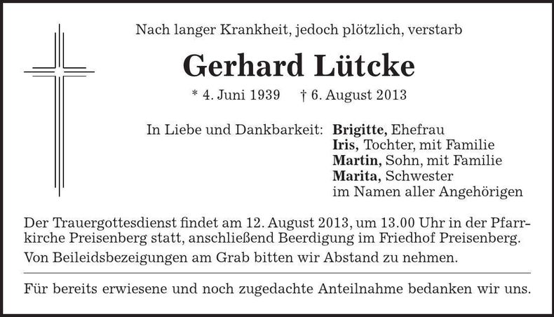 Traueranzeige Gerhard Lütcke