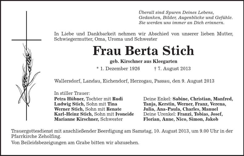 Traueranzeige Berta Stich