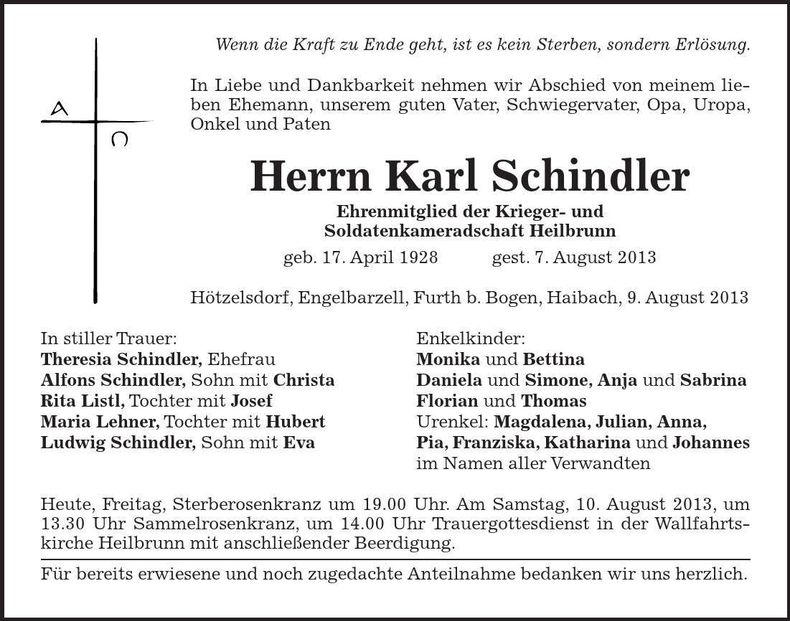 Traueranzeige Karl Schindler