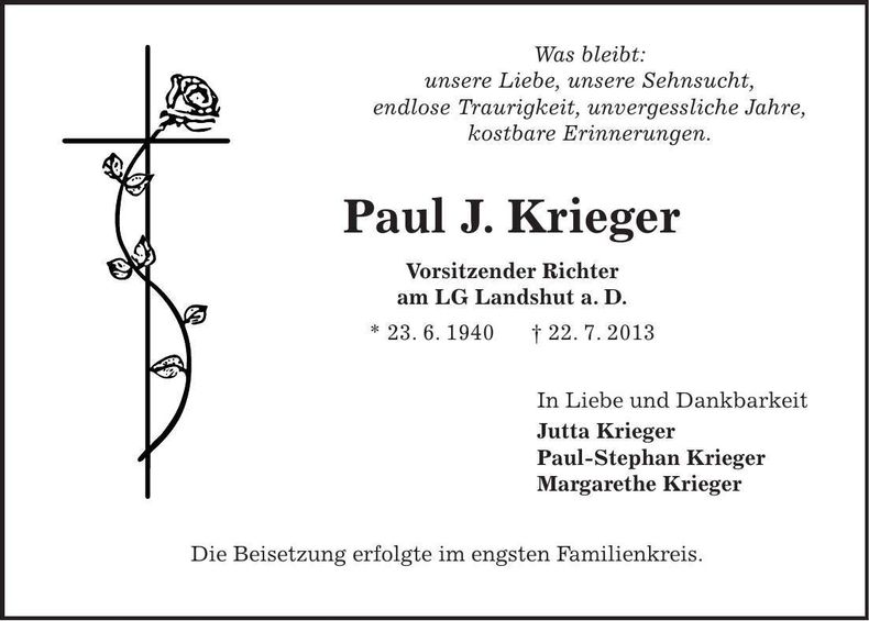 Traueranzeige Paul Krieger